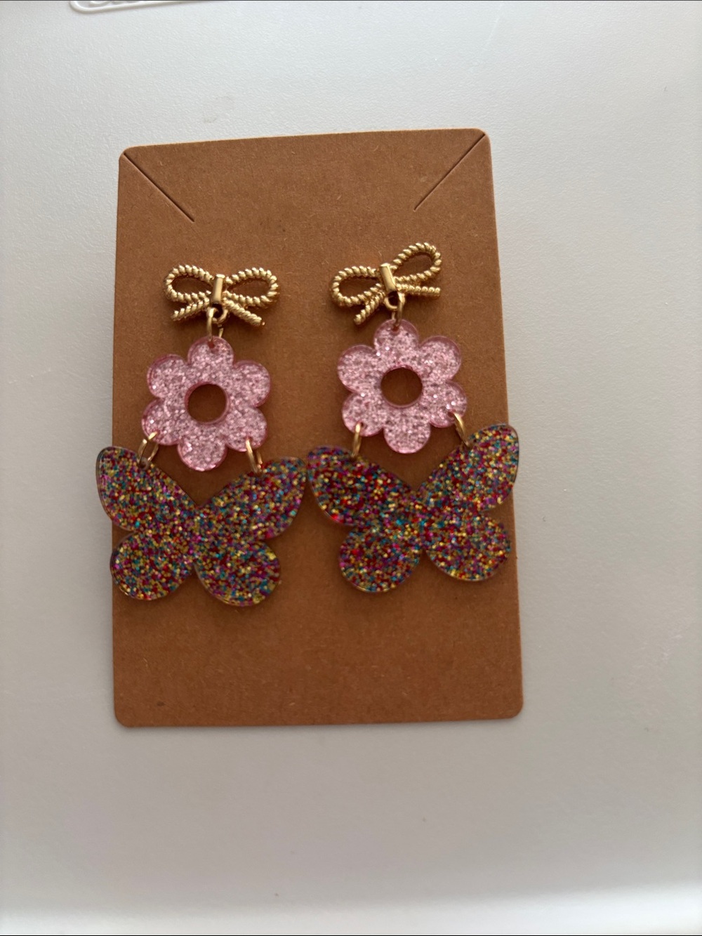 Kids Pink Glitter Flower & Multicolor Butterfly Drop Earrings - Picture 2 of 4